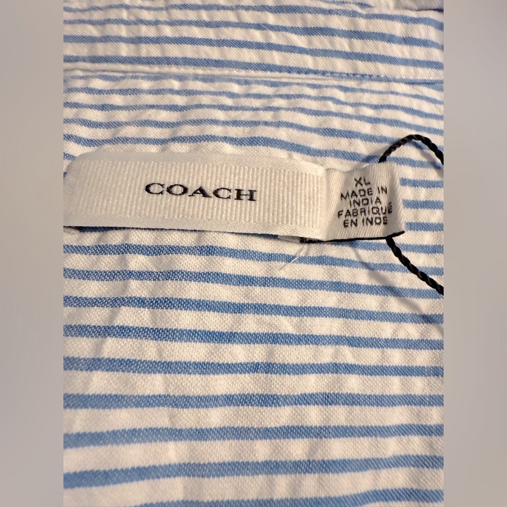 Women’s Coach Blue / White seersucker Button Down Shirt 31 long 26 armpits - Picture 2 of 15
